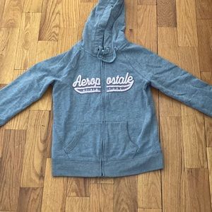 Grey long-sleeve hoodie from Aeropostale with zipper and pockets